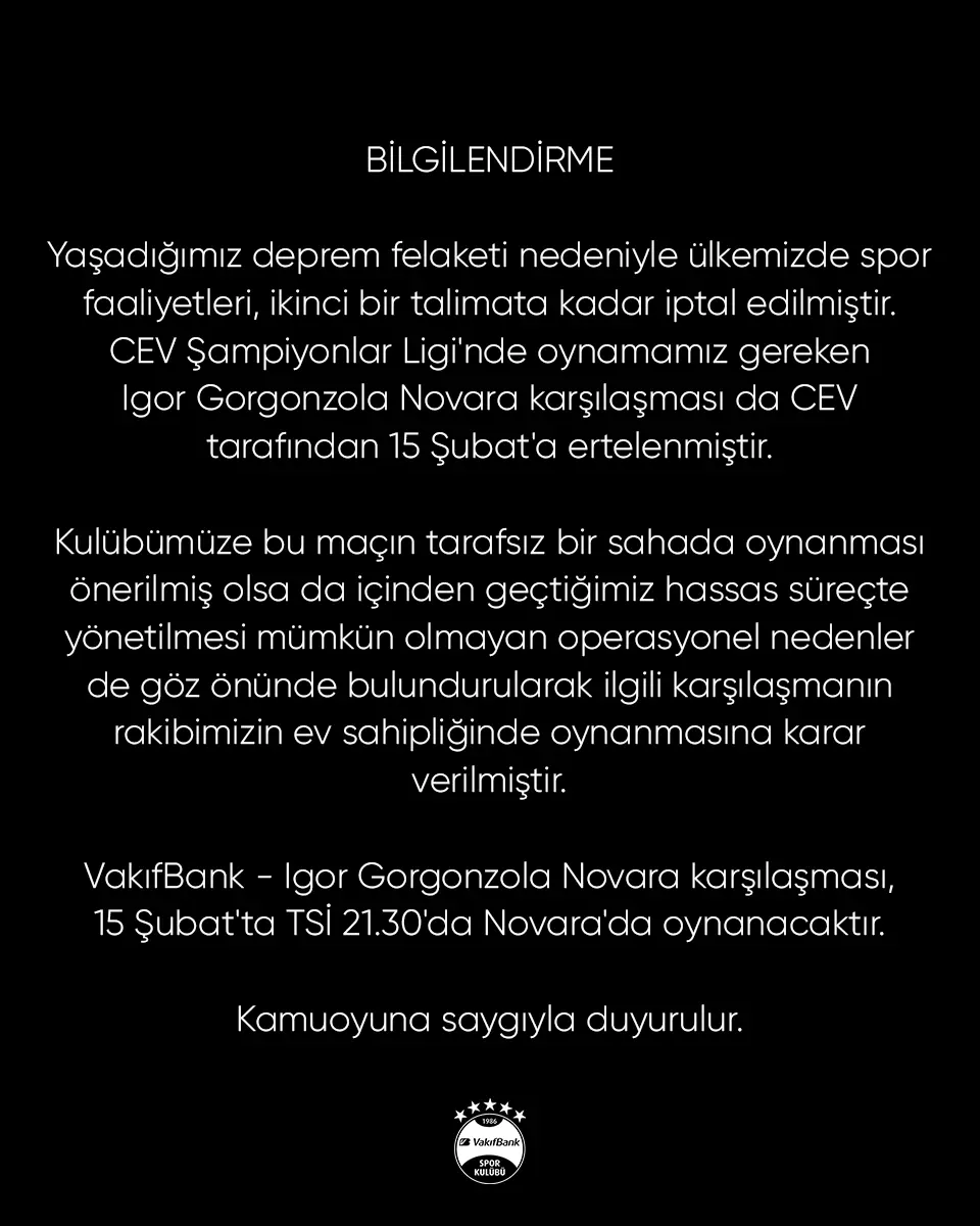 VakıfBank Ertelenen Maçlar Açıklama