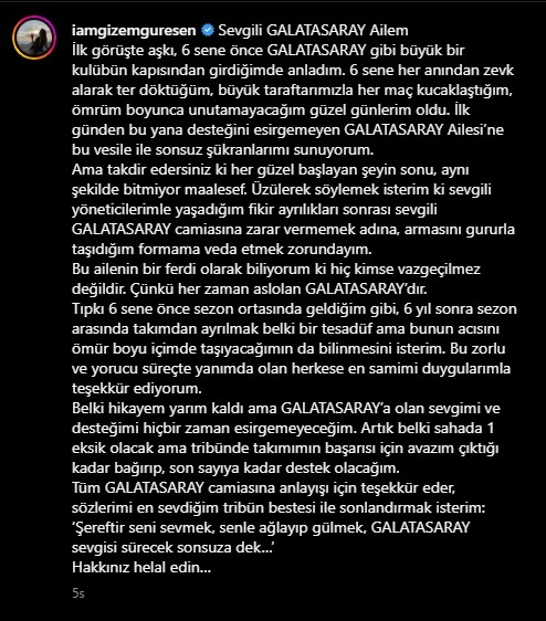 Gizem Güreşen Instagram Vedası